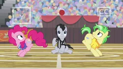 Size: 1280x720 | Tagged: safe, derpibooru import, screencap, lucky clover, pinkie pie, saturn (character), pony, common ground, buckball uniform, las pegasus resident, referee shirt