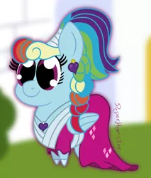 Size: 1300x1523 | Tagged: safe, artist:puperhamster, derpibooru import, rainbow dash, pegasus, pony, sparkle's seven, alternate hairstyle, big eyes, chibi, clothes, cute, dashabetes, ear piercing, female, jewelry, megaradash, necklace, piercing, rainbow dash always dresses in style, scene interpretation, simple background, solo