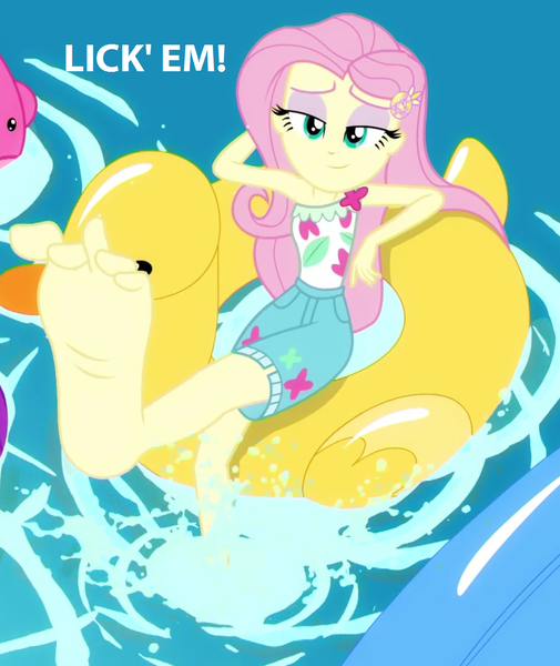 Size: 912x1084 | Tagged: suggestive, derpibooru import, edit, edited screencap, screencap, fluttershy, equestria girls, equestria girls series, i'm on a yacht, spoiler:eqg series (season 2), barefoot, bronybait, caption, feet, fetish, flutterfeet, foot fetish, foot focus, image macro, soles, solo, text, toes, water, wiggling toes