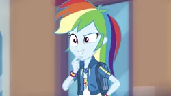 Size: 1334x750 | Tagged: safe, deleted from derpibooru, derpibooru import, screencap, rainbow dash, equestria girls, equestria girls series, run to break free, spoiler:eqg series (season 2), cute, dashabetes, geode of super speed, magical geodes, solo, thinking