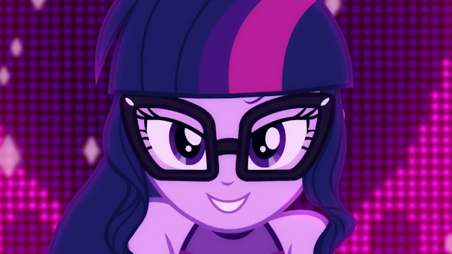 Size: 640x360 | Tagged: safe, derpibooru import, screencap, sci-twi, twilight sparkle, equestria girls, equestria girls series, i'm on a yacht, spoiler:eqg series (season 2), cropped, cute, glasses, lidded eyes, looking at you, neon eg logo, sleeveless, smiling, solo, twiabetes