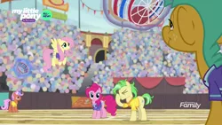 Size: 1280x720 | Tagged: safe, derpibooru import, screencap, fiery fricket, fluttershy, pinkie pie, saturn (character), snails, pony, common ground, basket, facehoof, las pegasus resident, magic