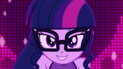 Size: 600x338 | Tagged: safe, derpibooru import, screencap, sci-twi, twilight sparkle, equestria girls, equestria girls series, i'm on a yacht, spoiler:eqg series (season 2), adorasexy, animated, beautiful, close-up, cute, female, gif, glasses, looking at you, neon eg logo, sexy, sexy egghead, singing, sleeveless, solo, twiabetes