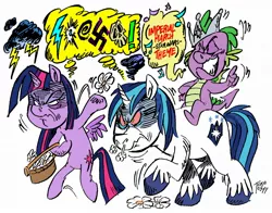 Size: 1280x1005 | Tagged: alicorn, artist:grotezco, censored vulgarity, crown, derpibooru import, flower, grawlixes, hard-won helm of the sibling supreme, horseback ride, jewelry, meme, nazi, rage, rage face, reference, regalia, safe, shining armor, sibling rivalry, simple background, singing, sparkle's seven, spike, stormcloud, swastika, swearing, thought bubble, twilight sparkle, twilight sparkle (alicorn), vulgar, white background