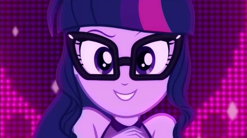 Size: 3072x1715 | Tagged: safe, derpibooru import, screencap, sci-twi, twilight sparkle, equestria girls, equestria girls series, i'm on a yacht, spoiler:eqg series (season 2), bare shoulders, clothes, cute, glasses, looking at you, neon eg logo, sleeveless