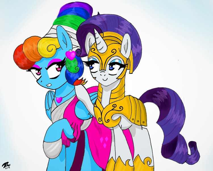 Size: 9500x7600 | Tagged: safe, artist:brekrofmadness, derpibooru import, rainbow dash, rarity, pegasus, pony, unicorn, sparkle's seven, alternate hairstyle, armor, clothes, dress, female, helmet, hoof shoes, mare, megaradash, rainbow dash always dresses in style, royal guard armor, royal guard rarity