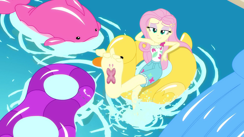 Size: 2048x1152 | Tagged: safe, derpibooru import, edit, edited screencap, editor:sonic ranger, screencap, fluttershy, equestria girls, equestria girls series, i'm on a yacht, spoiler:eqg series (season 2), barefoot, element of kindness, feet, flutterfeet, foot focus, soles, solo, tattoo, wiggling toes