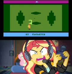 Size: 1920x1995 | Tagged: safe, derpibooru import, edit, edited screencap, screencap, fluttershy, sunset shimmer, equestria girls, equestria girls series, game stream, spoiler:eqg series (season 2), atari, atari 2600, e.t., e.t. the extra-terrestrial, e.t. the video game, sunset gamer, sunset shimmer frustrated at game