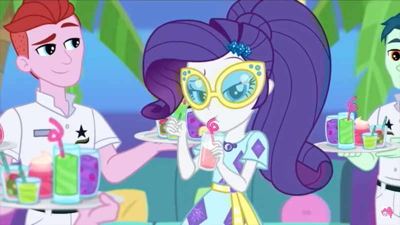 Size: 1366x768 | Tagged: safe, derpibooru import, screencap, rarity, equestria girls, equestria girls series, i'm on a yacht, spoiler:eqg series (season 2), clothes, dress, geode of shielding, glasses, juice, lemonade, magical geodes, pink lemonade, straw, waiter