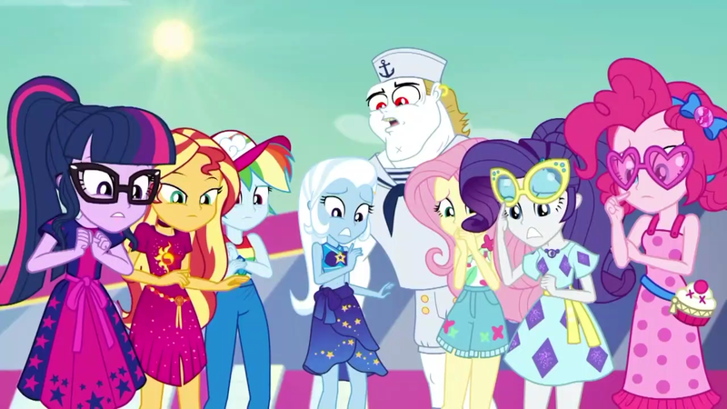 Size: 1280x720 | Tagged: safe, derpibooru import, screencap, bulk biceps, fluttershy, pinkie pie, rainbow dash, rarity, sci-twi, sunset shimmer, trixie, twilight sparkle, equestria girls, equestria girls series, i'm on a yacht, spoiler:eqg series (season 2), baseball cap, belly button, cap, clothes, dress, female, geode of empathy, geode of fauna, geode of shielding, geode of sugar bombs, geode of super speed, geode of super strength, geode of telekinesis, glasses, hat, heart shaped glasses, heart sunglasses, image, magical geodes, male, png, ponytail, sailor, sailor hat, sarong, sleeveless, sun, sunglasses, swimsuit