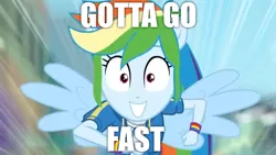 Size: 1280x720 | Tagged: safe, derpibooru import, edit, edited screencap, screencap, rainbow dash, equestria girls, equestria girls series, run to break free, spoiler:eqg series (season 2), awesome, band, blurry, clothes, crossover, geode, geode of super speed, gotta go fast, jacket, looking at you, magical geodes, obvious joke, ponied up, running, solo, sonic the hedgehog (series), speed lines, wide eyes