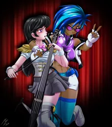 Size: 2085x2367 | Tagged: safe, artist:mauroz, derpibooru import, octavia melody, vinyl scratch, human, bow (instrument), breasts, busty vinyl scratch, cello, clothes, curtain, dark skin, electric cello, female, fingerless gloves, gloves, headphones, humanized, lesbian, musical instrument, panties, peace sign, scratchtavia, shipping, shoes, skirt, socks, spotlight, sunglasses, thigh highs, underwear, zettai ryouiki