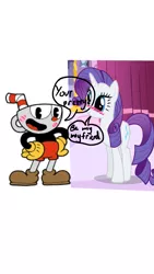 Size: 1500x2668 | Tagged: safe, derpibooru import, edit, edited screencap, screencap, rarity, unicorn, 1000 hours in ms paint, blushing, crossover, cuphead, cuphead (character), shipping, simple background, studio mdhr, white background