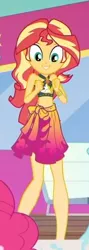 Size: 186x524 | Tagged: safe, derpibooru import, screencap, pinkie pie, sunset shimmer, equestria girls, equestria girls series, i'm on a yacht, spoiler:eqg series (season 2), belly button, bikini, clothes, cropped, cute, geode of empathy, magical geodes, midriff, sarong, shimmerbetes, sleeveless, smiling, swimsuit