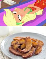 Size: 749x960 | Tagged: safe, derpibooru import, screencap, applejack, equestria girls, equestria girls series, i'm on a yacht, spoiler:eqg series (season 2), apple fries, comparison trolling, context is for the weak, fried apples, sunburn, wrong aspect ratio