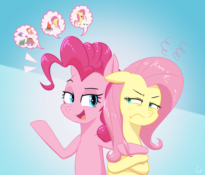 Size: 1750x1500 | Tagged: safe, artist:yinglongfujun, derpibooru import, fluttershy, pinkie pie, pony, griffon the brush off, crossed hooves, duo, fluttershy is not amused, frown, glare, i'm a year older than you, open mouth, pictogram, speech bubble, unamused