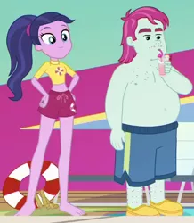 Size: 422x485 | Tagged: safe, derpibooru import, screencap, baewatch, unnamed character, equestria girls, equestria girls series, i'm on a yacht, spoiler:eqg series (season 2), background human, bare chest, beach chair, belly button, cashier, clothes, cropped, cruise, drink, fat, female, legs, life savers, lifeguard, male, midriff, partial nudity, ponytail, rash guard, short shirt, straw, swimming pool, swimsuit, topless