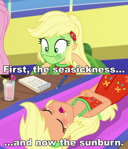 Size: 1617x1872 | Tagged: safe, derpibooru import, edit, edited screencap, editor:sonic ranger, screencap, applejack, fluttershy, equestria girls, equestria girls series, i'm on a yacht, spring breakdown, spoiler:eqg series (season 2), comic, geode of super strength, green face, magical geodes, offscreen character, screencap comic, seasickness, sleeveless, sunburn