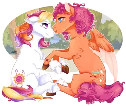 Size: 1200x1005 | Tagged: safe, artist:artsiepeach, artist:your-super-paper-grandma, derpibooru import, sparkleworks, sunny daze (g3), earth pony, pegasus, pony, couple, cute, female, g3, holding hooves, kissing, lesbian, looking at each other, mare, shipping, sitting