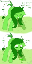 Size: 3000x6000 | Tagged: safe, artist:fajnyziomal, derpibooru import, oc, oc:świstek, unofficial characters only, original species, plant pony, pony, comic:świstek, cheek fluff, comic, curly eyelashes, ear fluff, eyes closed, female, gritted teeth, hooves, howdy, leg fluff, looking at something, mare, plant, scrunchy face, solo, sprout, sprouting