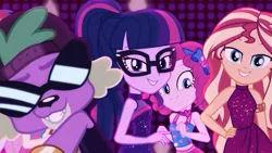 Size: 1920x1080 | Tagged: safe, derpibooru import, screencap, pinkie pie, sci-twi, spike, spike the regular dog, sunset shimmer, twilight sparkle, dog, equestria girls, equestria girls series, i'm on a yacht, spoiler:eqg series (season 2), clothes, crossed arms, cute, diapinkes, dress, female, geode of empathy, geode of sugar bombs, glasses, hand on hip, looking at you, magical geodes, male, neon eg logo, ponytail, rapper spike, shimmerbetes, sleeveless, smiling, sunglasses, twiabetes
