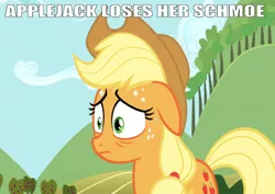 Size: 665x470 | Tagged: safe, derpibooru import, edit, edited screencap, editor:undeadponysoldier, screencap, applejack, earth pony, pony, applejack's hat, caption, cowboy hat, droopy ears, female, freckles, hat, image macro, mare, meme, nervous, sweat, sweet apple acres, text, toy story, woody loses his schmoe, wrong aspect ratio, youtube poop