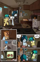 Size: 1080x1649 | Tagged: safe, artist:alittleofsomething, artist:shinodage, derpibooru import, oc, oc:apogee, oc:delta vee, unofficial characters only, pony, comic:delta vee's junkyard, boop o' roops, bottle, box, cabinet, cereal, clock, clothes, comic, cup, delta vee's junkyard, dialogue, door, female, filly, floppy ears, food, freckles, loss (meme), mare, milk, mother and child, mother and daughter, photo, pizza, poster, potato pony, speech bubble, tanktop, television, tinyface