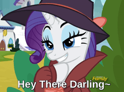 Size: 608x451 | Tagged: safe, derpibooru import, edit, edited screencap, screencap, rarity, pony, unicorn, sparkle's seven, animated, bedroom eyes, bow, bronybait, caption, clothes, cropped, cute, darling, detective rarity, discovery family logo, eyebrow wiggle, fedora, female, gif, hat, hoof under chin, lidded eyes, mare, mischievous, raribetes, reaction image, sexy, smiling, solo, text, trenchcoat
