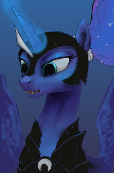 Size: 766x1160 | Tagged: safe, artist:xxkrutoy, derpibooru import, princess luna, pony, armor, blue background, bust, fangs, glowing horn, helmet, horn, horn guard, horn guard (armor), ponytail, portrait, simple background, solo, spread wings, warrior luna, wings