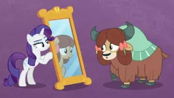 Size: 1920x1080 | Tagged: safe, derpibooru import, screencap, rarity, yona, ponified, earth pony, pony, unicorn, yak, she's all yak, bow, cloven hooves, duo, female, fit right in, hair bow, mare, mirror, pony yona, purple background, raised hoof, simple background, species swap
