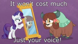 Size: 1920x1080 | Tagged: safe, derpibooru import, edit, edited screencap, screencap, rarity, yona, ponified, earth pony, pony, unicorn, yak, she's all yak, bow, caption, cloven hooves, duo, female, fit right in, hair bow, image macro, mare, mirror, movie reference, pony yona, poor unfortunate souls, purple background, simple background, song reference, species swap, text, the little mermaid