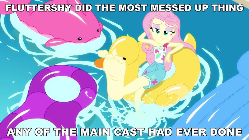 Size: 2048x1152 | Tagged: safe, derpibooru import, edit, edited screencap, editor:sonic ranger, screencap, fluttershy, equestria girls, equestria girls series, i'm on a yacht, spoiler:eqg series (season 2), barefoot, feet, floaty, flutterfeet, foot focus, geode of fauna, magical geodes, soles, swimming pool, toes, wiggling toes