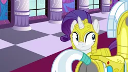 Size: 1920x1080 | Tagged: safe, derpibooru import, screencap, rarity, pony, unicorn, sparkle's seven, armor, armorarity, butt, looking at something, plot, royal guard, royal guard armor, royal guard rarity, window
