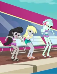 Size: 552x720 | Tagged: safe, derpibooru import, screencap, derpy hooves, lyra heartstrings, octavia melody, equestria girls, equestria girls series, i'm on a yacht, spoiler:eqg series (season 2), belly button, bikini, clothes, feet, great moments in animation, midriff, sandals, swimsuit, tag implication bug was here