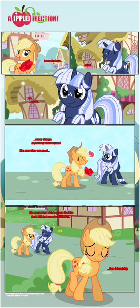 Size: 1919x4225 | Tagged: safe, artist:estories, derpibooru import, applejack, oc, oc:silverlay, earth pony, pony, unicorn, comic:a(pple)ffection, applejack's hat, bouquet, canon x oc, comic, cowboy hat, dialogue, duo, eating, female, flashback, flower, hat, lesbian, magic, magic aura, mare, ponyville, shipping, silverjack, walking