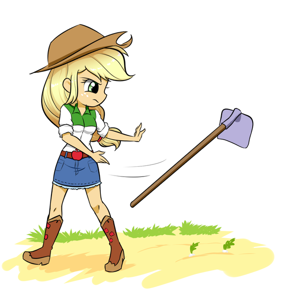 Size: 1200x1200 | Tagged: safe, artist:twilite-sparkleplz, derpibooru import, applejack, equestria girls, applejack's hat, boots, clothes, cowboy boots, cowboy hat, hat, hoe, meme, shoes, skirt, solo, throwing