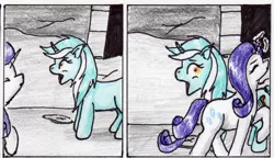 Size: 1490x860 | Tagged: safe, artist:40kponyguy, derpibooru import, lyra heartstrings, rarity, pony, unicorn, 40kponyguy's the staff of aurelian, comic, ruins, shocked, traditional art