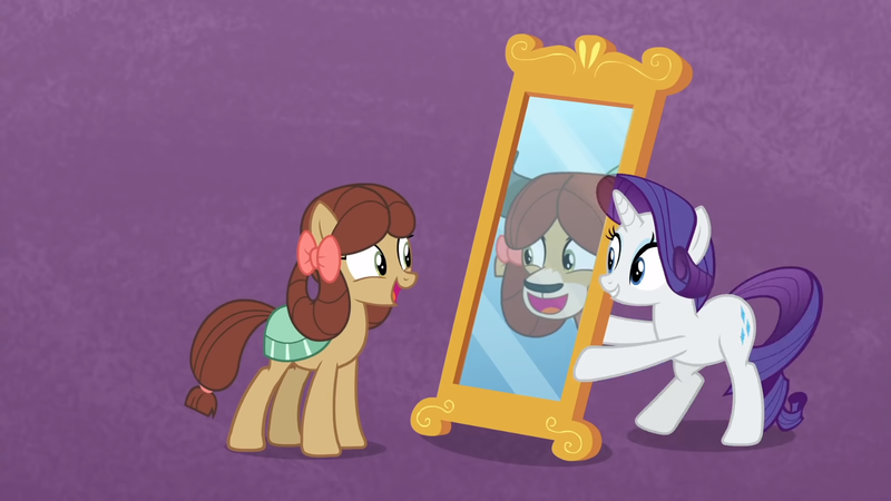 Size: 1600x900 | Tagged: safe, derpibooru import, screencap, rarity, yona, ponified, pony, unicorn, yak, she's all yak, fit right in, mirror, pony yona, species swap