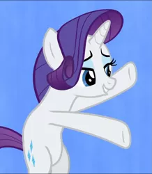 Size: 671x770 | Tagged: safe, derpibooru import, screencap, rarity, pony, unicorn, she's all yak, bipedal, blue background, cropped, female, fit right in, lidded eyes, mare, simple background, solo, spread hooves