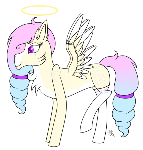 Size: 807x850 | Tagged: safe, artist:derpyhooves567, derpibooru import, oc, oc:sugar (angel), unofficial characters only, angel pony, original species, pegasus, pony, angel, blaze (coat marking), chest fluff, clothes, ear fluff, female, halo, mare, markings, pale belly, raised hoof, simple background, socks, solo, tattoo, transparent background