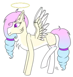 Size: 807x850 | Tagged: safe, artist:derpyhooves567, derpibooru import, oc, oc:sugar (angel), unofficial characters only, angel pony, original species, pegasus, pony, angel, blaze (coat marking), chest fluff, clothes, ear fluff, female, halo, mare, markings, pale belly, raised hoof, simple background, socks, solo, tattoo, transparent background