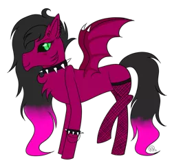 Size: 851x806 | Tagged: safe, artist:derpyhooves567, derpibooru import, oc, oc:spice (demon), unofficial characters only, demon, demon pony, original species, pony, bat wings, black sclera, blank flank, bracelet, chest fluff, choker, colored sclera, ear fluff, female, fishnets, jewelry, mare, raised hoof, simple background, solo, spiked choker, spiked wristband, tattoo, transparent background, wings, wristband