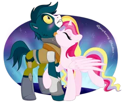 Size: 2144x1772 | Tagged: safe, artist:raspberrystudios, derpibooru import, oc, oc:aurelia charm, ponified, alicorn, pony, alicorn oc, avocato (final space), blushing, final space, horn, licking, lip bite, neck licking, space, tongue out, wings