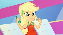 Size: 1920x1080 | Tagged: safe, derpibooru import, screencap, applejack, equestria girls, equestria girls series, i'm on a yacht, spoiler:eqg series (season 2), beautiful, blonde, clothes, cute, dress, female, freckles, geode of super strength, hatless, jackabetes, looking at you, magical geodes, missing accessory, sleeveless, smiling, solo, sunscreen, swag