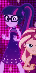 Size: 525x1060 | Tagged: safe, derpibooru import, screencap, sci-twi, sunset shimmer, twilight sparkle, equestria girls, equestria girls series, i'm on a yacht, spoiler:eqg series (season 2), clothes, cropped, geode of telekinesis, glasses, legs, magical geodes, neon eg logo, offscreen character, ponytail, sleeveless, smiling