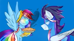 Size: 1280x720 | Tagged: safe, artist:soarindashbestship, derpibooru import, rainbow dash, soarin', pony, the best night ever, 30 day soarindash challenge, clothes, dress, female, food, gala dress, male, pie, scene interpretation, shipping, soarindash, straight, tumblr, uniform, wonderbolts uniform