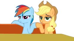 Size: 1136x640 | Tagged: safe, artist:nightshadowmlp, derpibooru import, applejack, rainbow dash, pony, the saddle row review, applejack's hat, chair, cowboy hat, duo, hat, hoofbump, simple background, stetson, table, transparent background