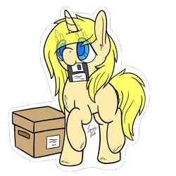 Size: 2000x2000 | Tagged: safe, alternate version, artist:squeaky-belle, derpibooru import, oc, oc:annabelle (zizzydizzymc), pony, unicorn, blank flank, box, colored, colored pupils, cute, digital art, eye clipping through hair, flat colors, floppy disk, mouth hold, ocbetes, signature, simple background, solo, transparent background, white outline