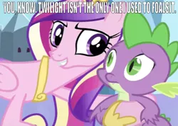 Size: 670x478 | Tagged: alicorn, aunt cadance, confused, derpibooru import, dragon, edit, edited screencap, editor:undeadponysoldier, equestria games (episode), female, foalsitter, hoof around neck, implied twilight sparkle, infidelity, interspecies, looking at each other, male, mare, op has a point, princess cadance, safe, screencap, shipping, smiling, spike, spikedance, straight, text
