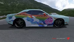 Size: 900x506 | Tagged: safe, banned from derpibooru, deleted from derpibooru, derpibooru import, rainbow dash, pony, car, dodge (car), dodge challenger, forza motorsport, grass, image, jpeg, logo, my little pony logo, road